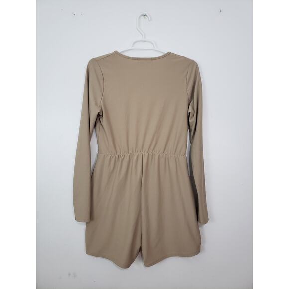 (M5) Missguided Crepe Wrap Women's Romper Size 10 Long Sleeve Short Tan - Picture 6 of 7